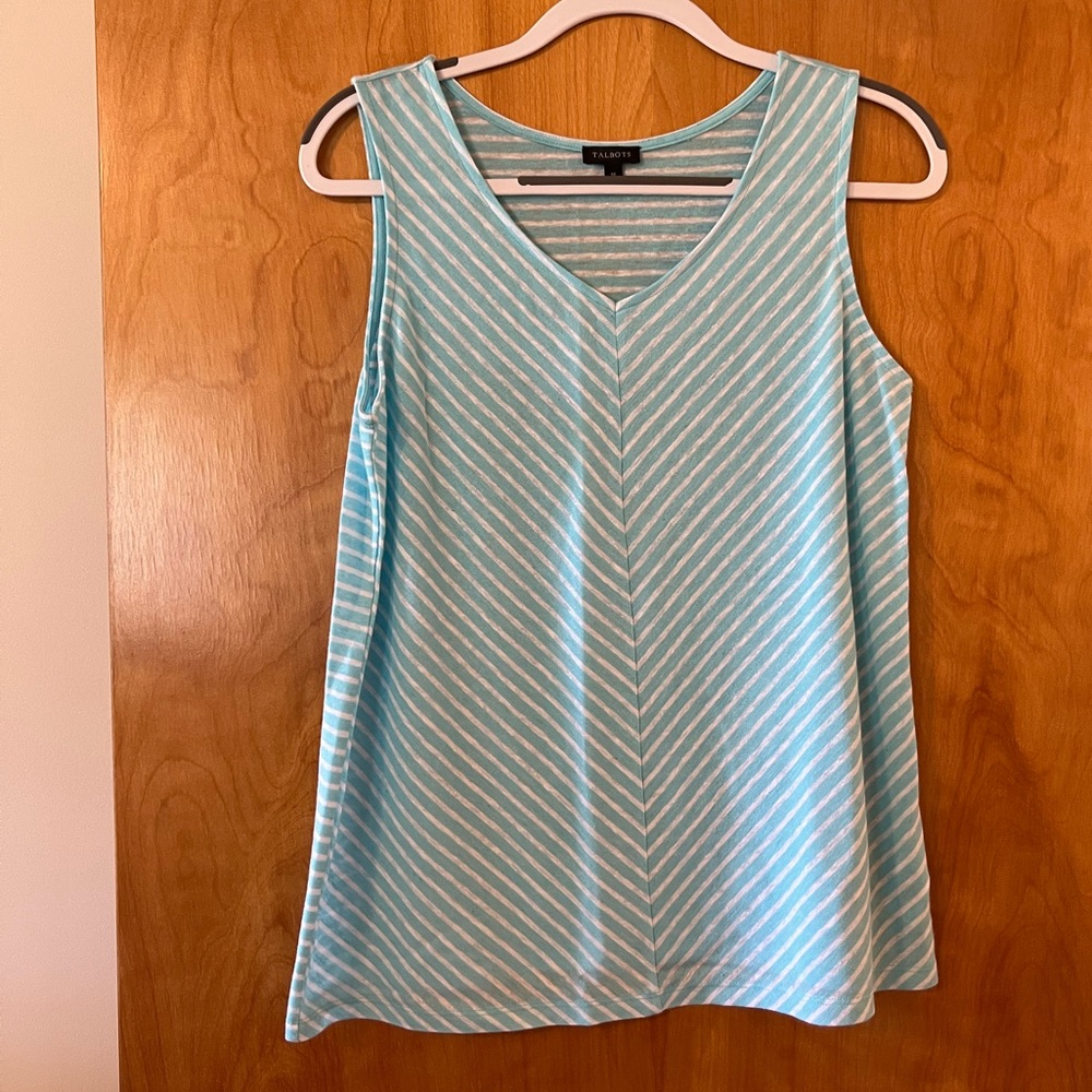 Talbots Sleeveless Top Tank Shirt Blue Chevron Stripes Womens Linen Blend Medium